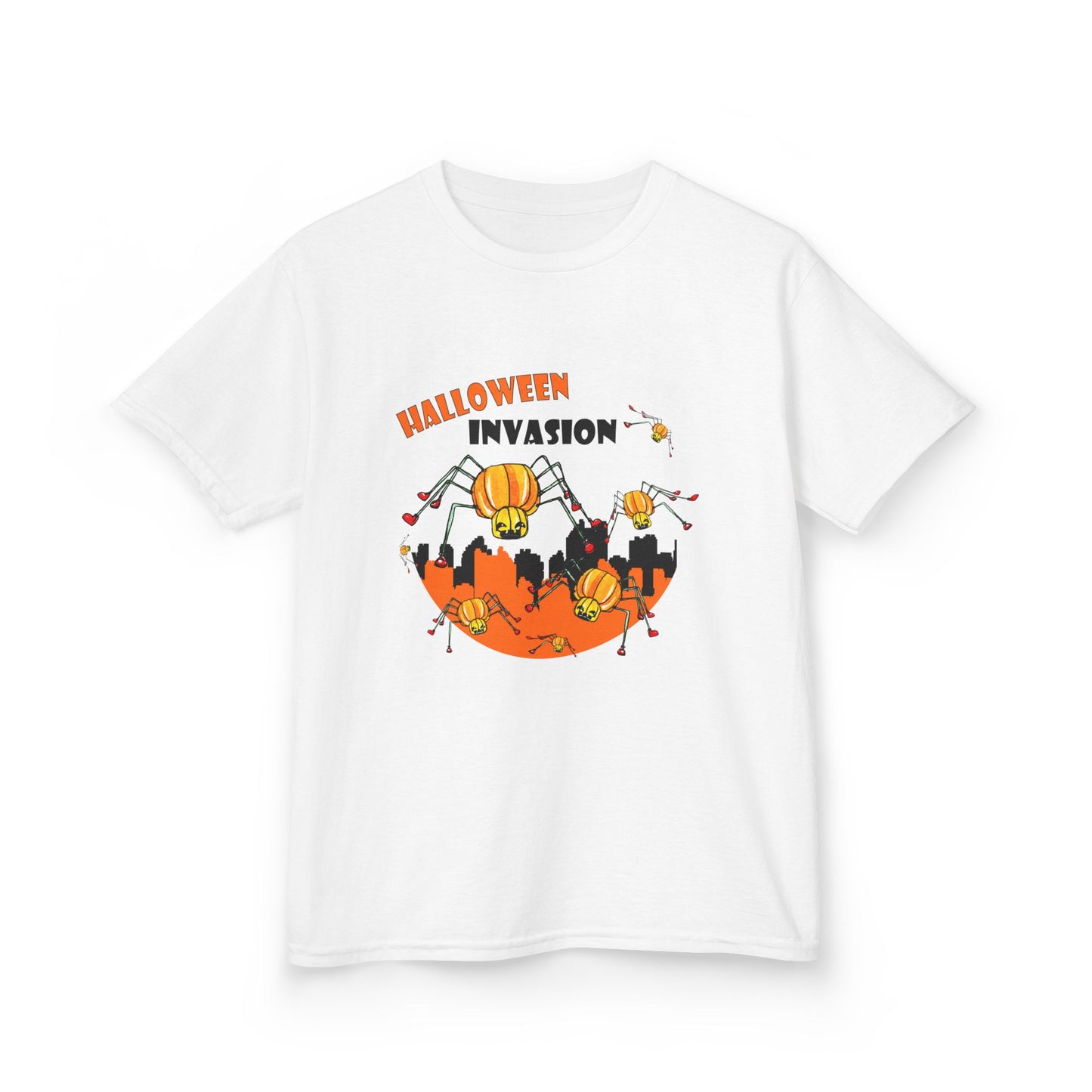 Kids Halloween Tee - Invasion of the Pumpkin Spiders Design by artist Marie Freder1que