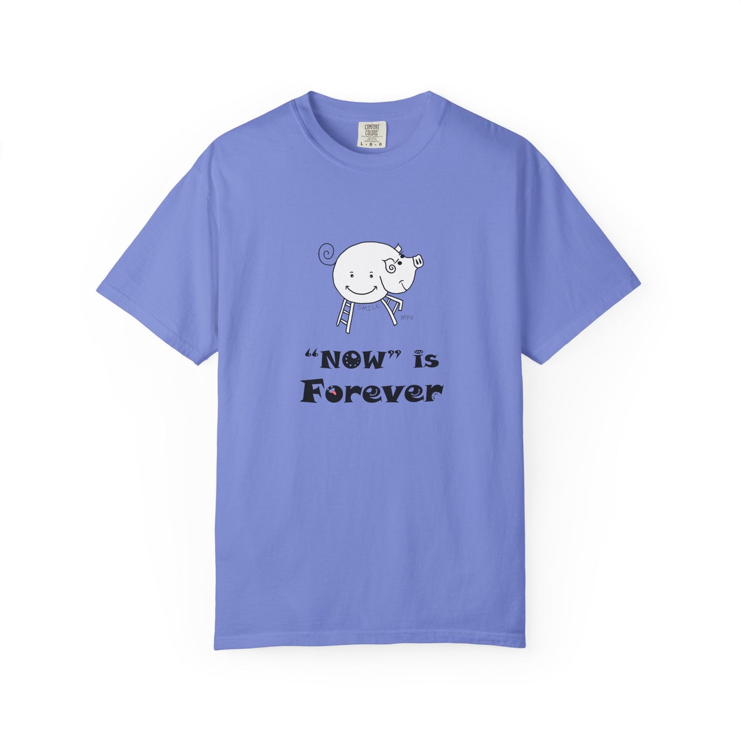 Pig lovers, "NOW" is Forever - Playful Tee for Mindfulness Enthusiasts by artist Marie Frederique