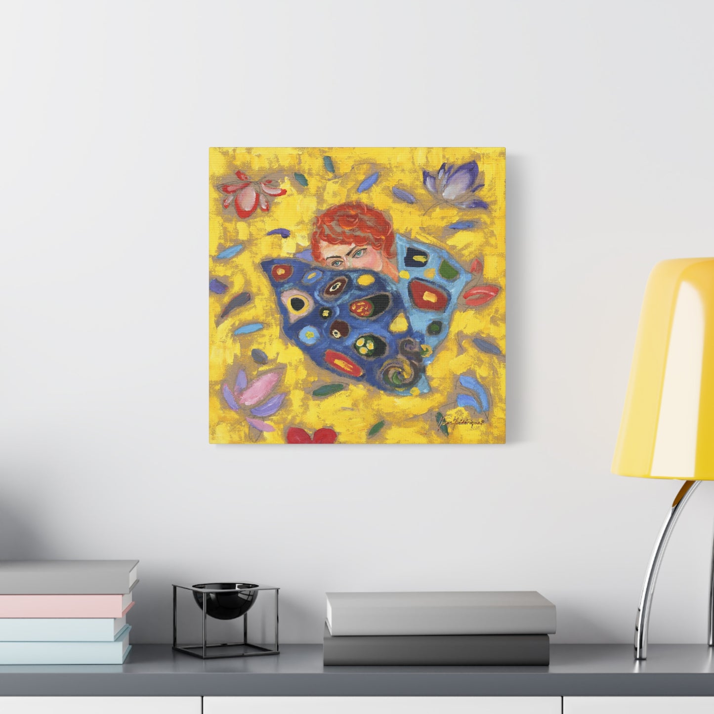 Rose 2 with vibrant yellow and blue Canvas Wall Art by artist Marie Frederique