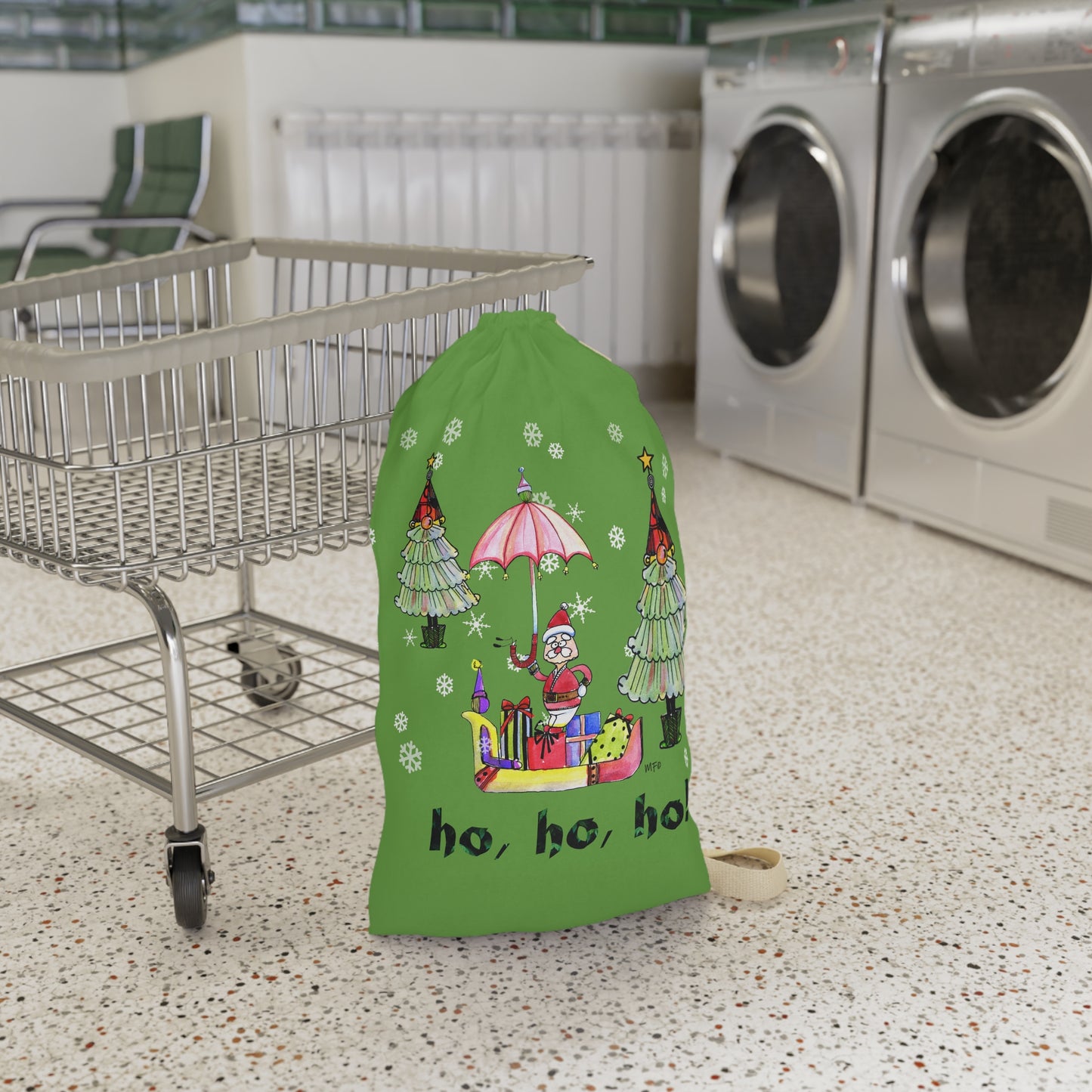 Christmas Laundry Bag — 'Ho, Ho, Ho!' Santa & Trees Holiday Wash Organizer by artist Marie Frederique