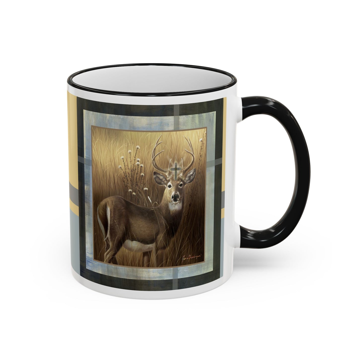 Christian Stag symbol, Deer Accent Rim Mug — 11oz & 15oz by artist Marie Frederique