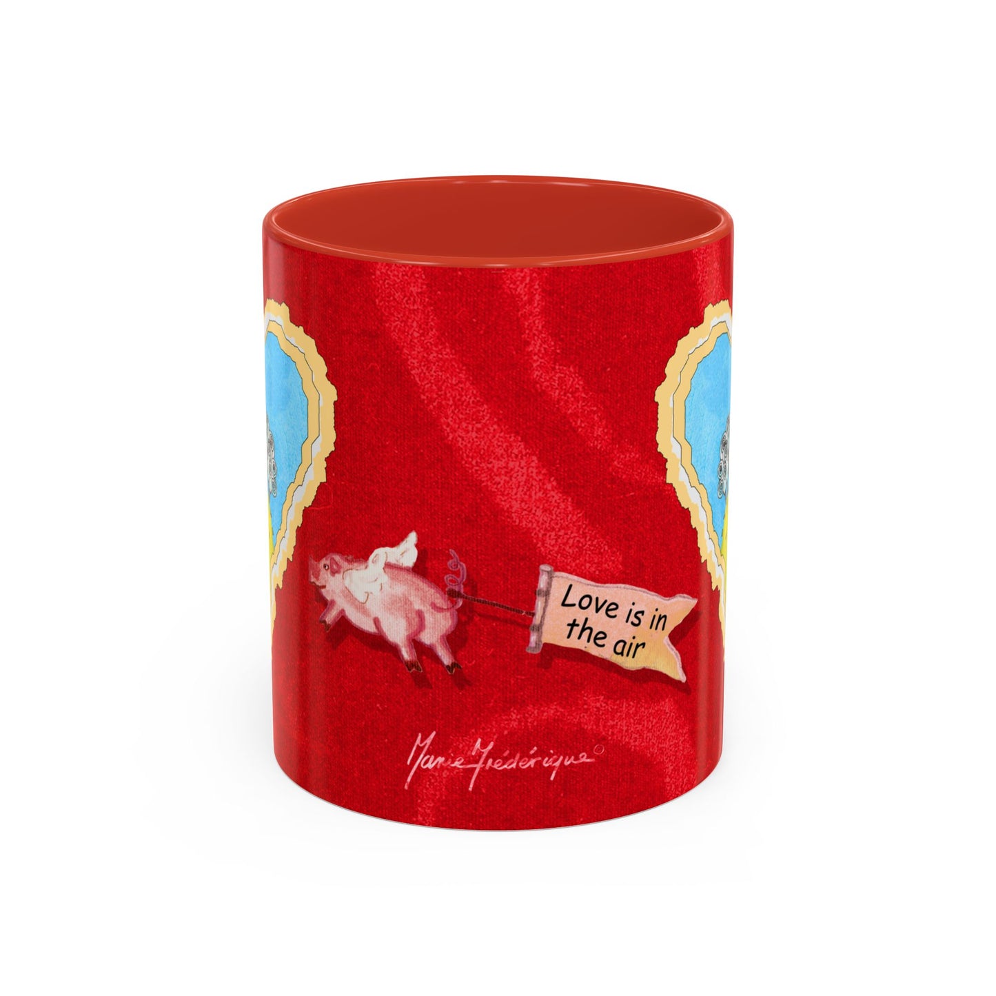 Valentine Sheep, Love is in the air with flying pig - Accent Coffee Mug (11, 15oz) by artist Marie Frederique