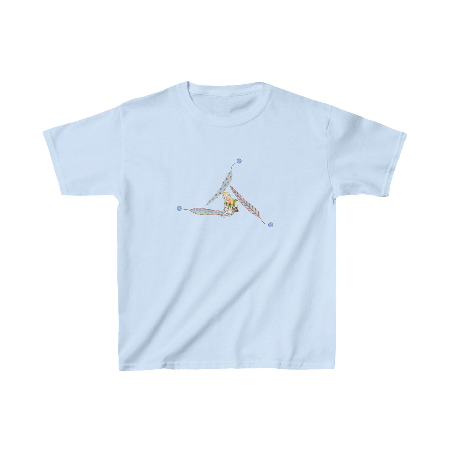 Child with a sailboat in a triangle of pastel painted leaves symbolizing Manifestation - Kids Heavy Cotton™ Tee by artist Marie Frederique