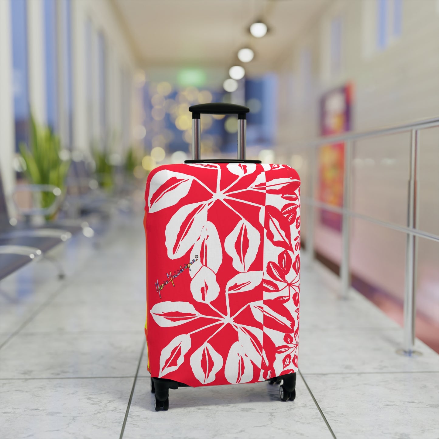 Luggage Cover, Tropical leaves in Red and White by artist Marie Frederique