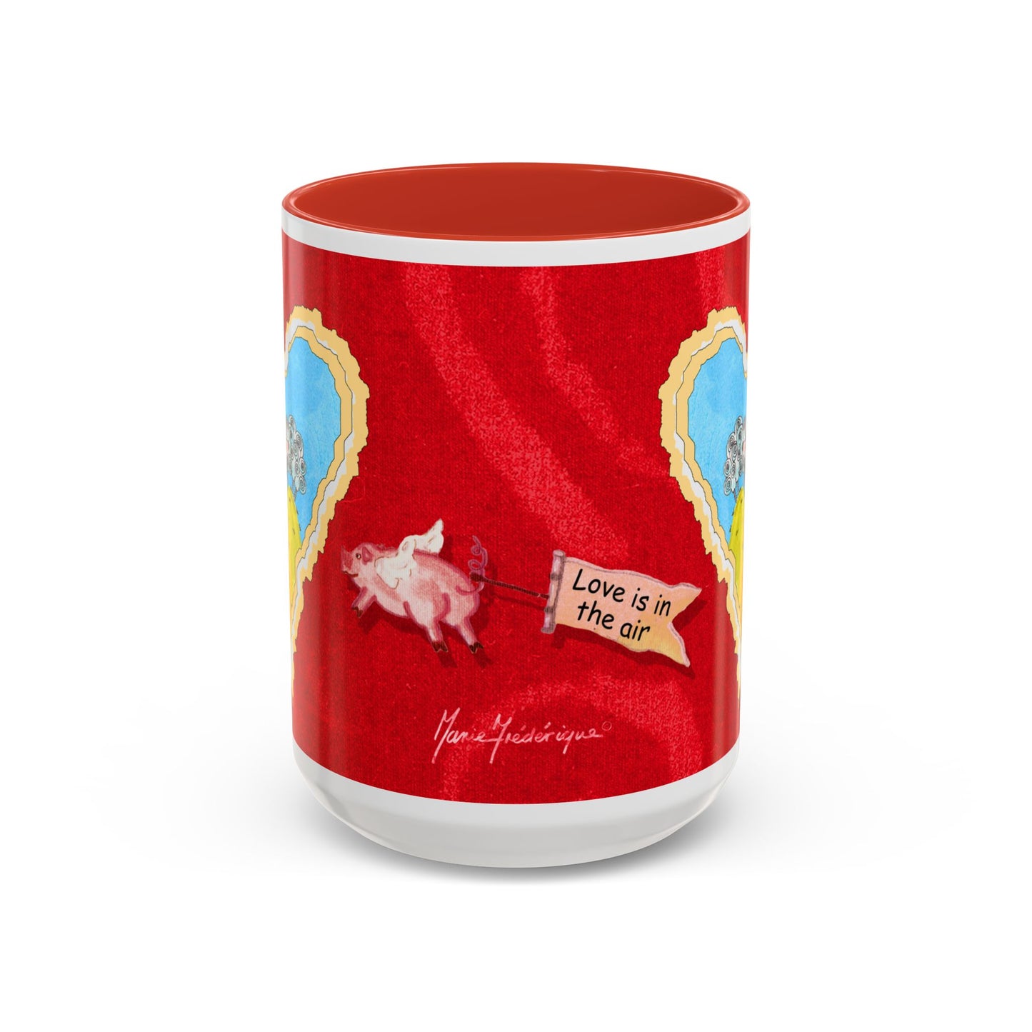 Valentine Sheep, Love is in the air with flying pig - Accent Coffee Mug (11, 15oz) by artist Marie Frederique