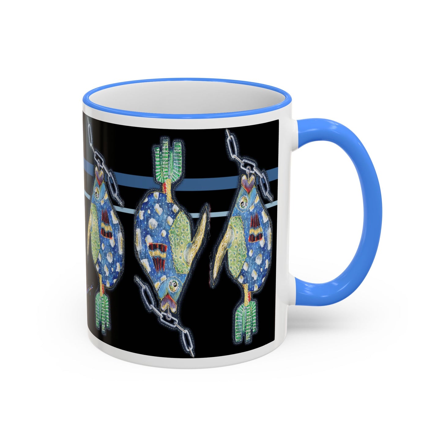 Fish on a Line Accent Rim Mug (11oz/15oz) by artist Marie Frederique