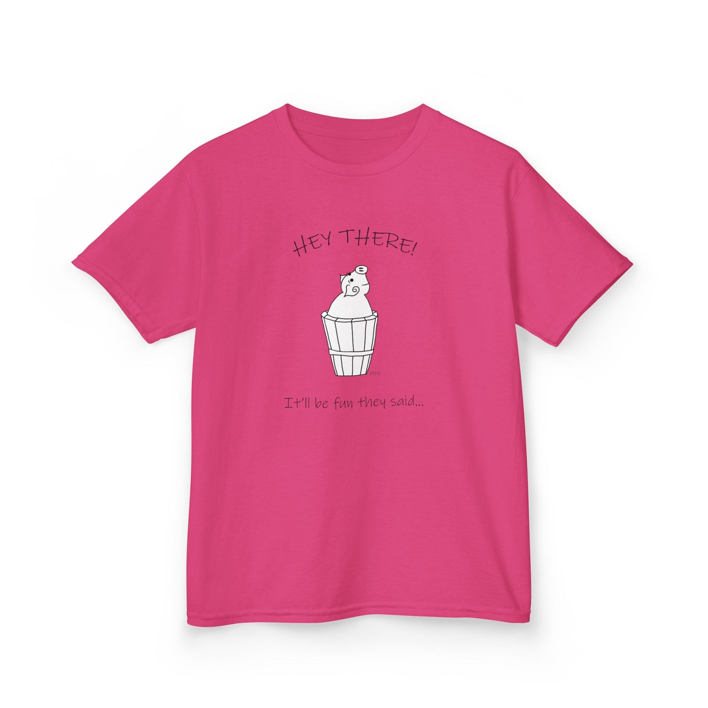 Pig in a barrel - HEY THERE! It'll be fun they said, Kids Heavy Cotton™ Tee by artist Marie Frederique