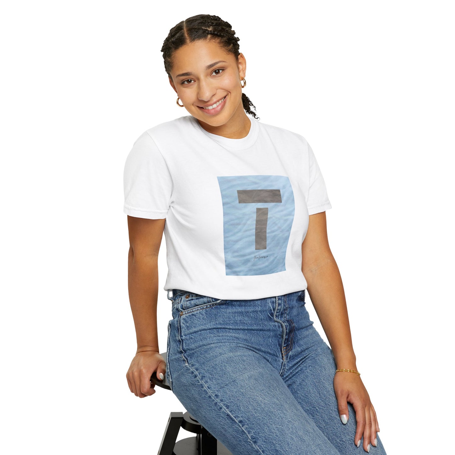 T symbol, Star Energy in a soft grey with light blue water reflections, Unisex Garment-Dyed T-shirt by artist Marie Frederique