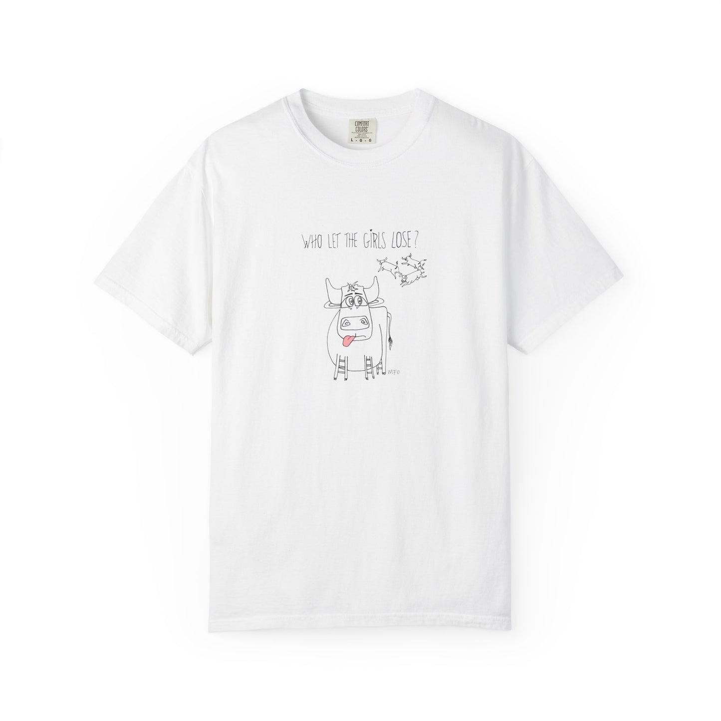 Whimsical Bull T-Shirt "Who let the girls out?" by artist Marie Frederique