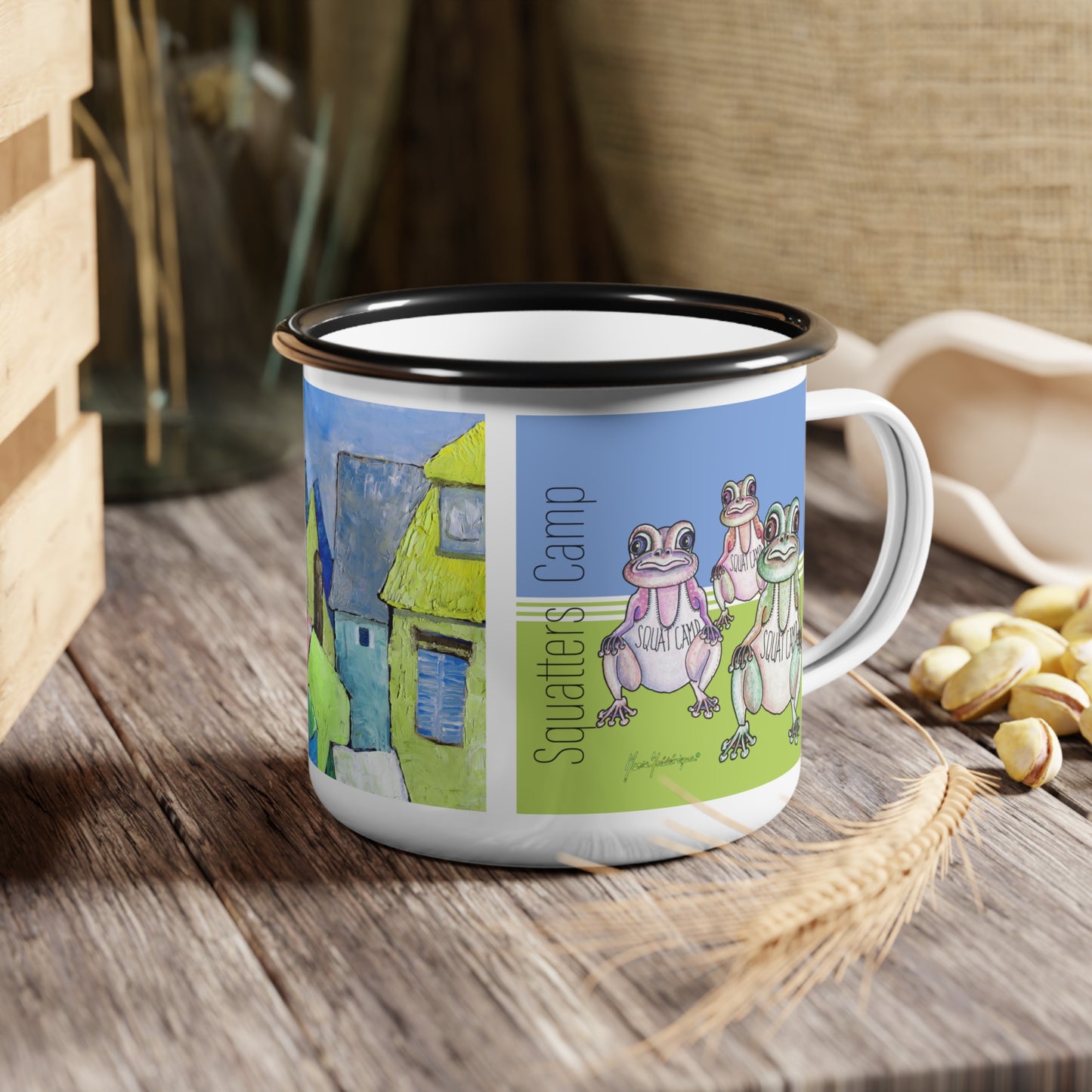 Squatters Camp, Frog Enamel Camping Mug by artist Marie Frederique