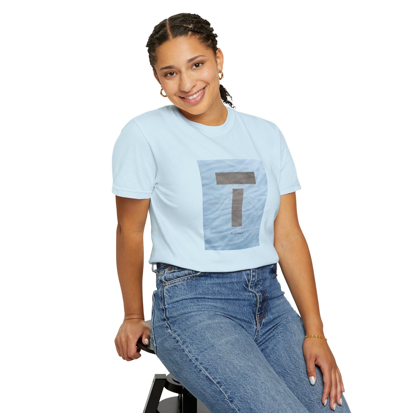 T symbol, Star Energy in a soft grey with light blue water reflections, Unisex Garment-Dyed T-shirt by artist Marie Frederique