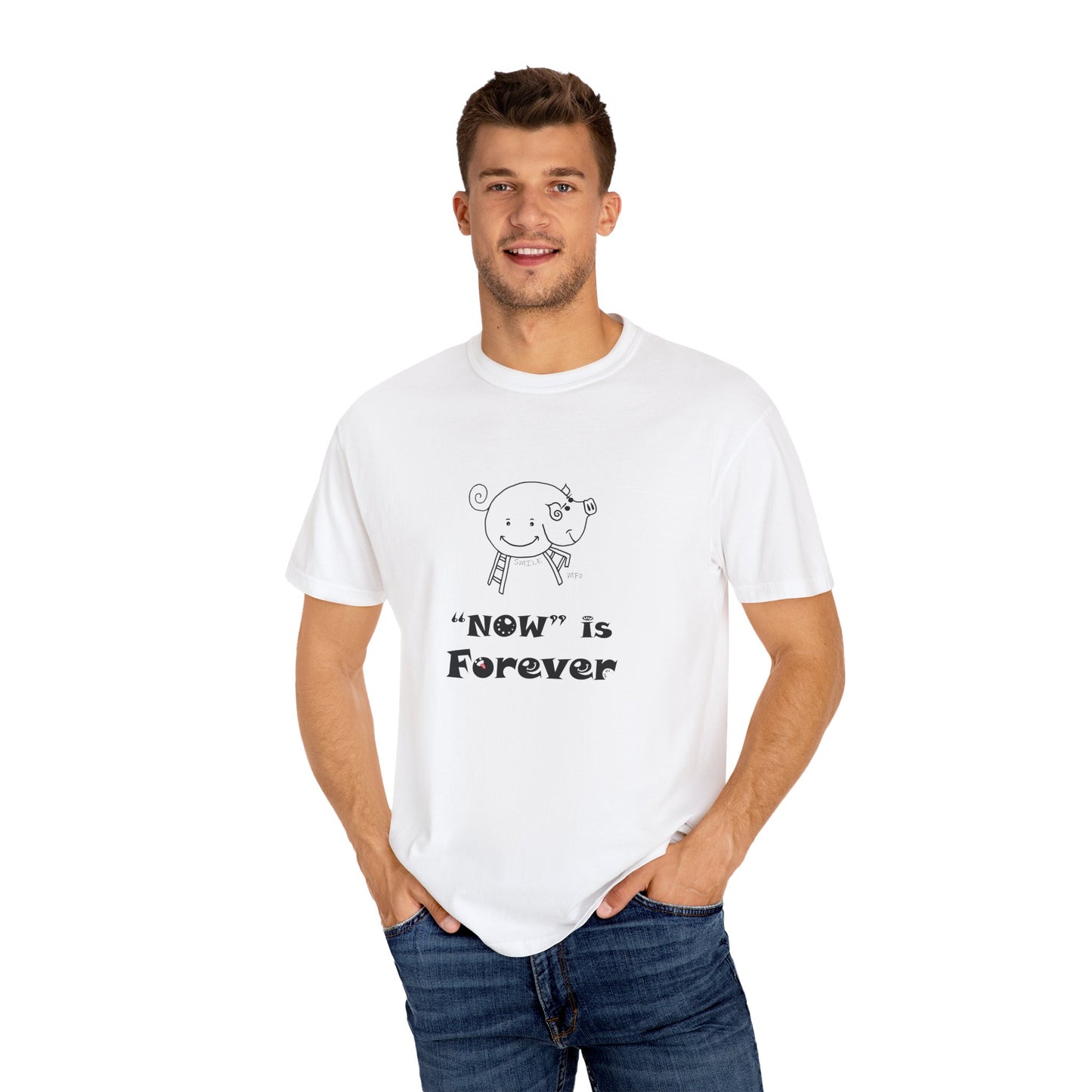 Pig lovers, "NOW" is Forever - Playful Tee for Mindfulness Enthusiasts by artist Marie Frederique