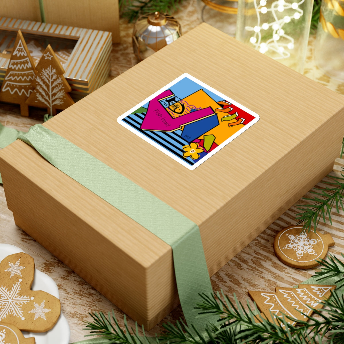Dog Box series, multicolored graphic Fish bowl sticker by artist Marie Frederique