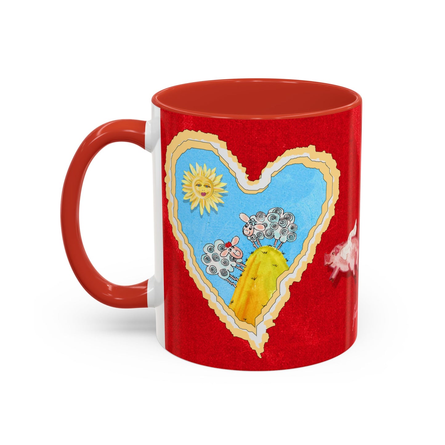 Valentine Sheep, Love is in the air with flying pig - Accent Coffee Mug (11, 15oz) by artist Marie Frederique