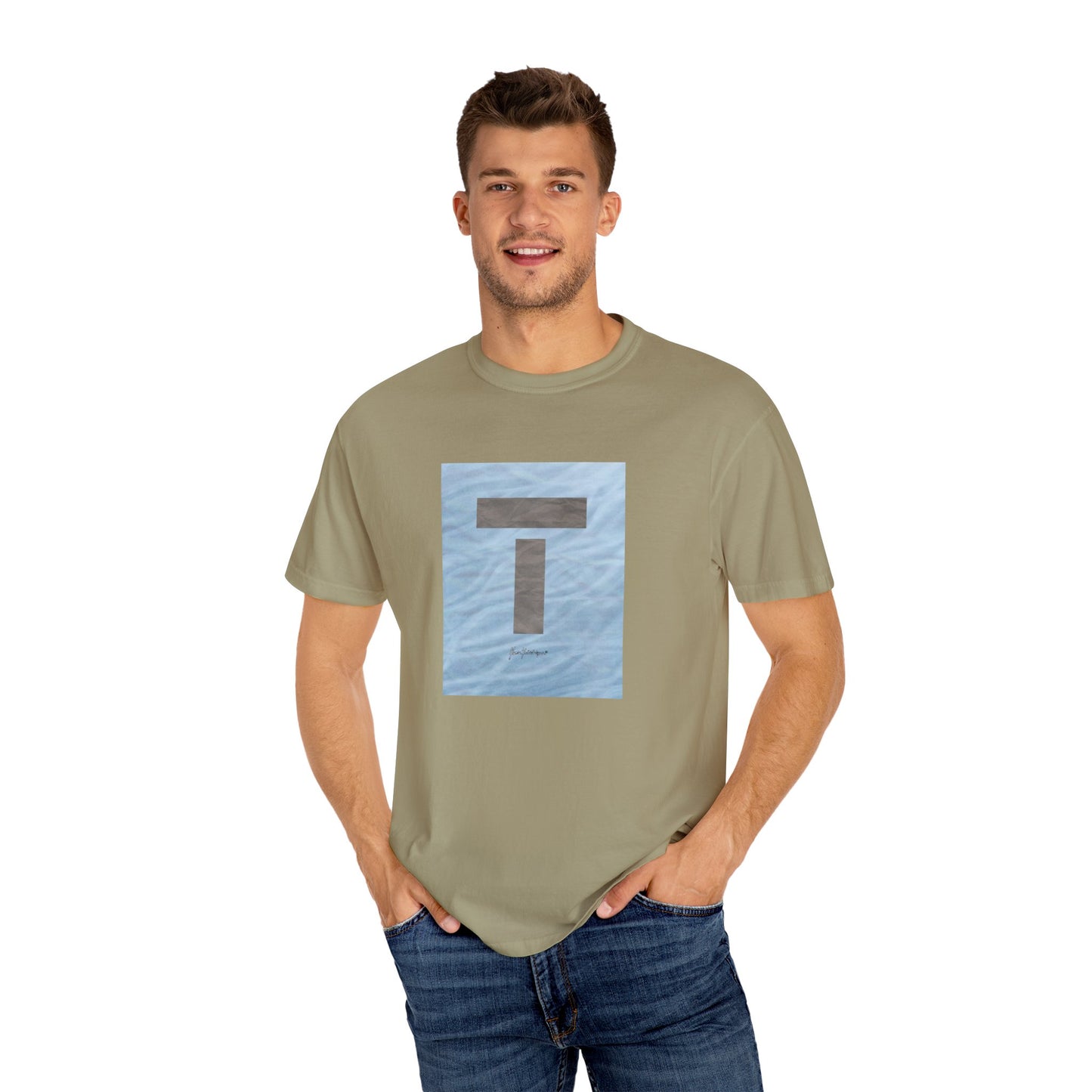 T symbol, Star Energy in a soft grey with light blue water reflections, Unisex Garment-Dyed T-shirt by artist Marie Frederique