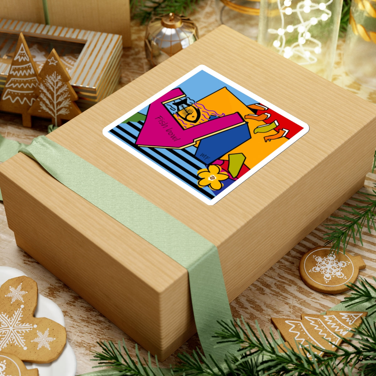 Dog Box series, multicolored graphic Fish bowl sticker by artist Marie Frederique