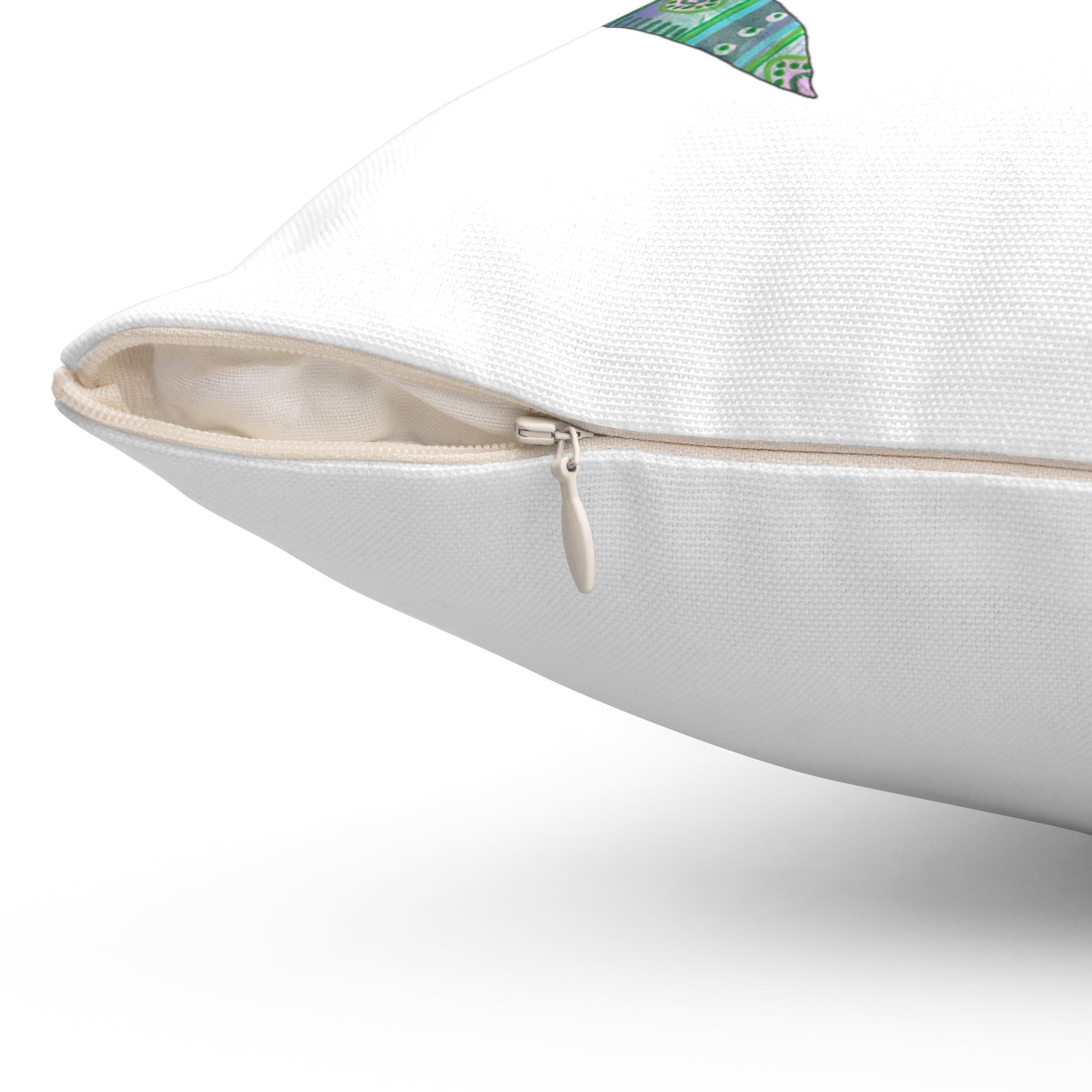 Surf and painted leaves, Blue and White Square Pillow by artist Marie Frederique