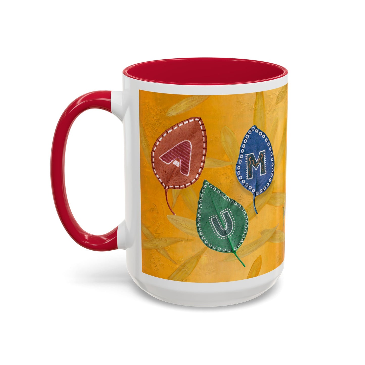 AUM/OM painted leaves spelling AUM & OM Mugs by Artist Marie Frederique