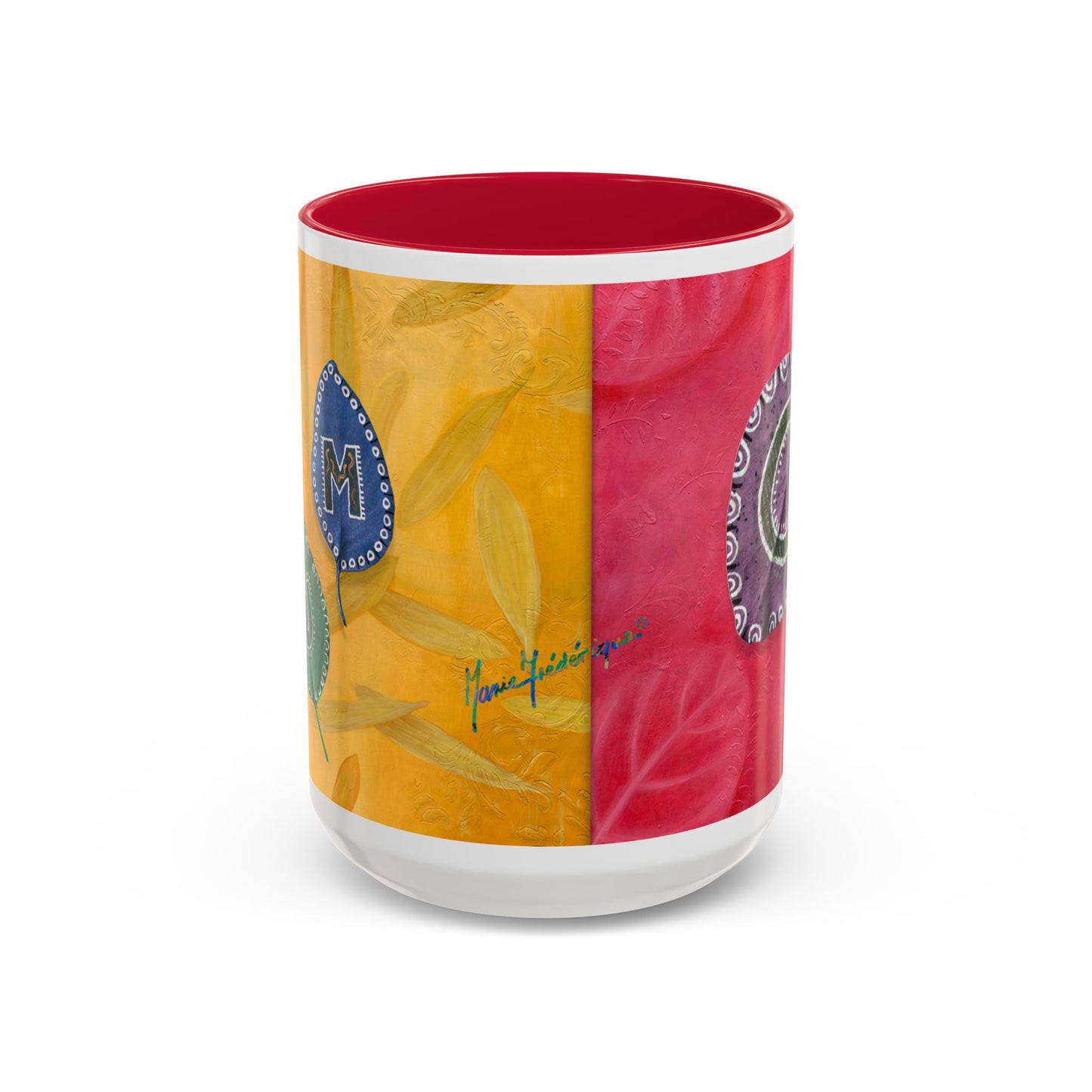 AUM/OM painted leaves spelling AUM & OM Mugs by Artist Marie Frederique