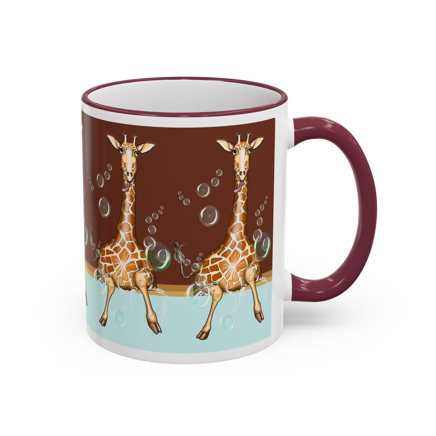 Giraffe Bubbles Accent Rim Mug — Cute Safari Animal Coffee Cup (11oz/15oz) by artist Marie Frederique