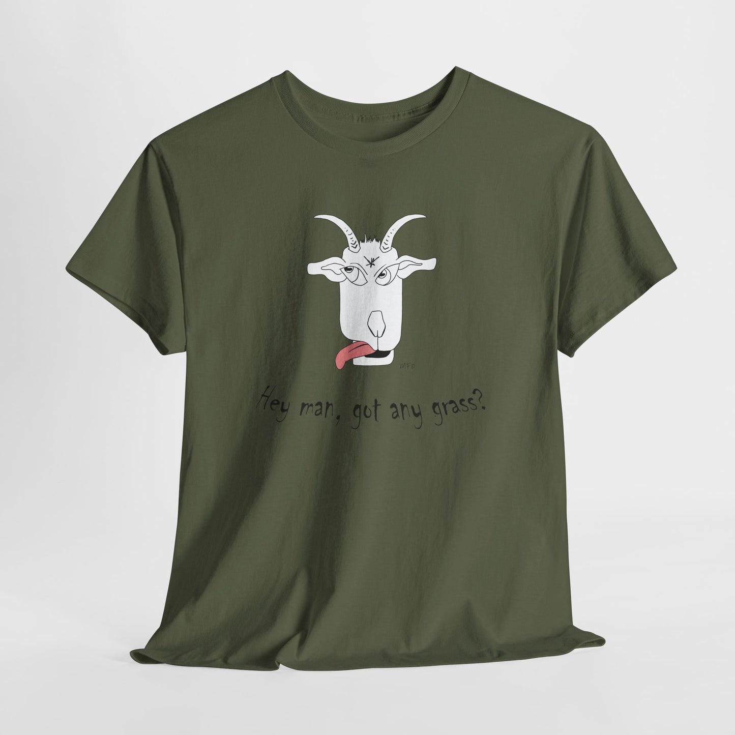 Funny Goat Tee - 'Hey Man, Got Any Grass?' Unisex Heavy Cotton T-Shirt by artist Marie Frederique