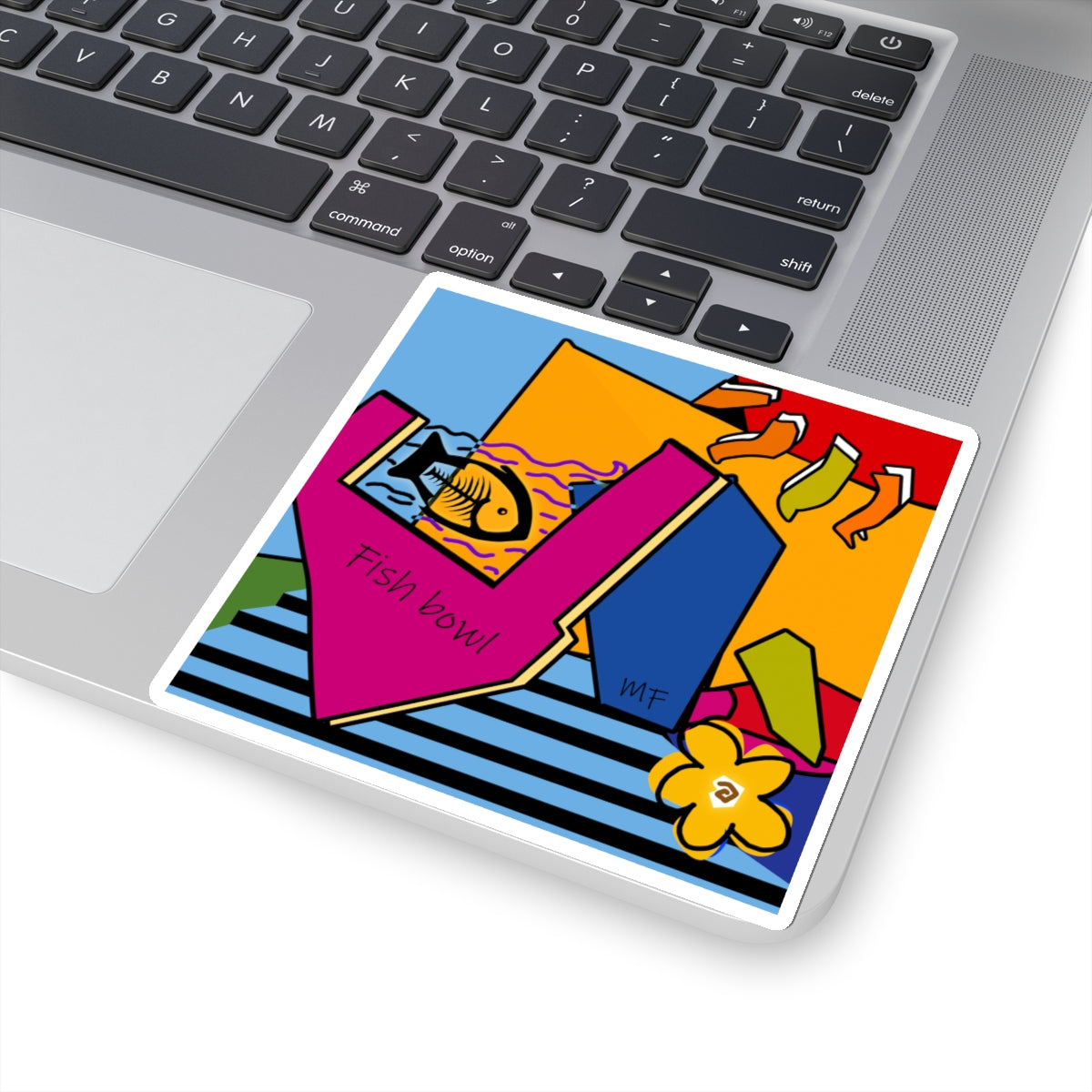 Dog Box series, multicolored graphic Fish bowl sticker by artist Marie Frederique