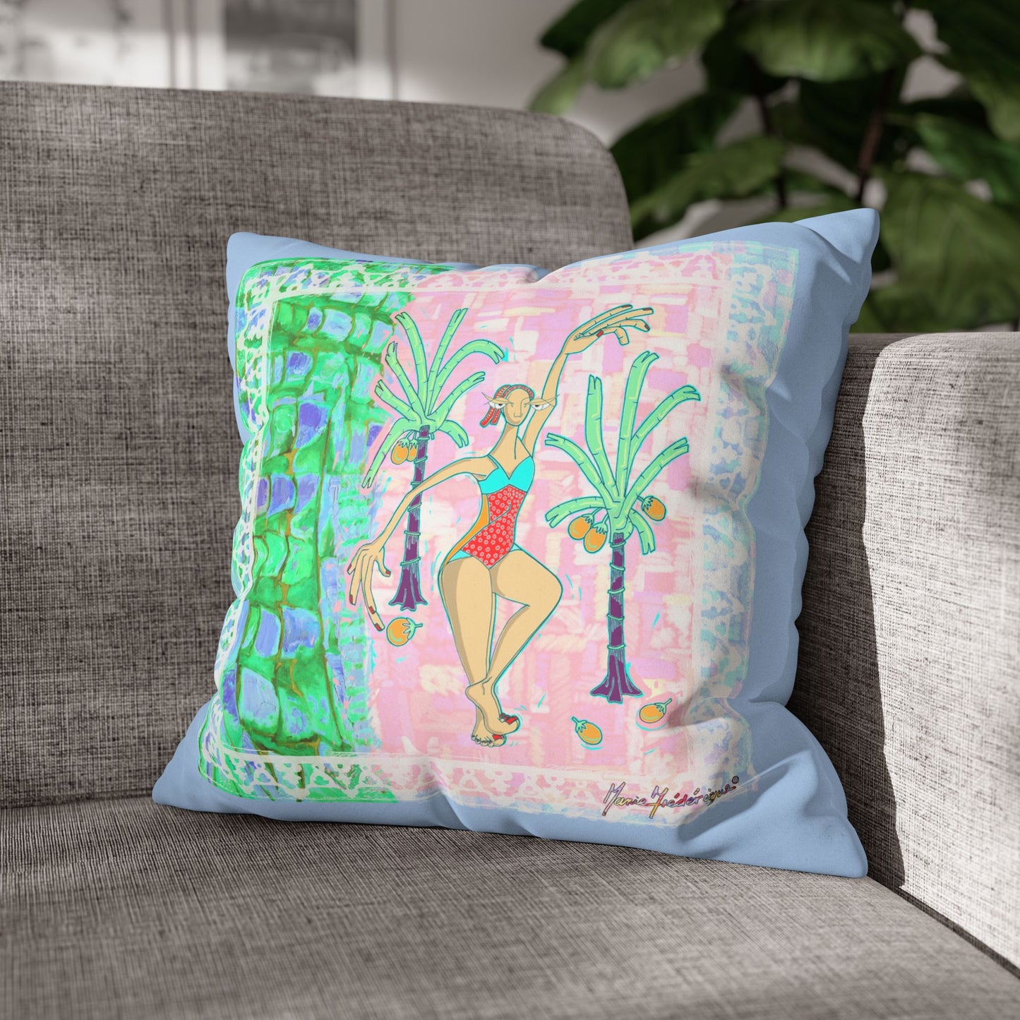 Tropical Dancer Faux Suede Pillowcase — Pastel Palm Beach Decorative Pillow Cover by artist Marie Frederique