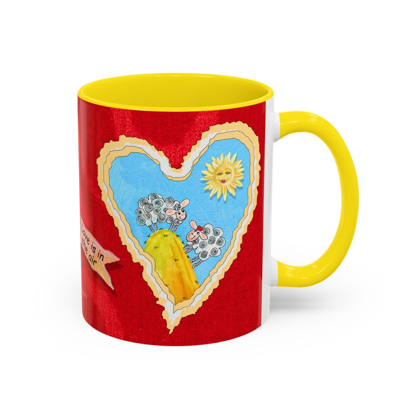 Valentine Sheep, Love is in the air with flying pig - Accent Coffee Mug (11, 15oz) by artist Marie Frederique