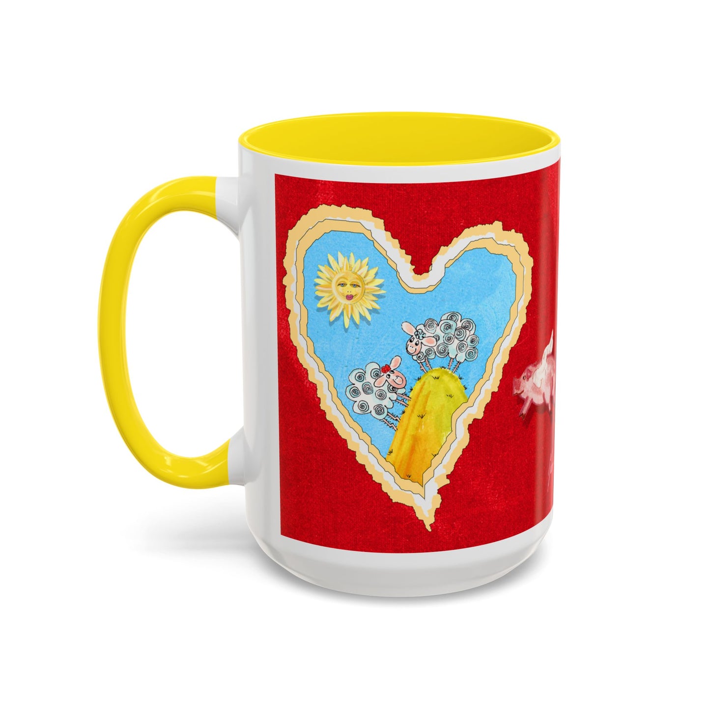 Valentine Sheep, Love is in the air with flying pig - Accent Coffee Mug (11, 15oz) by artist Marie Frederique