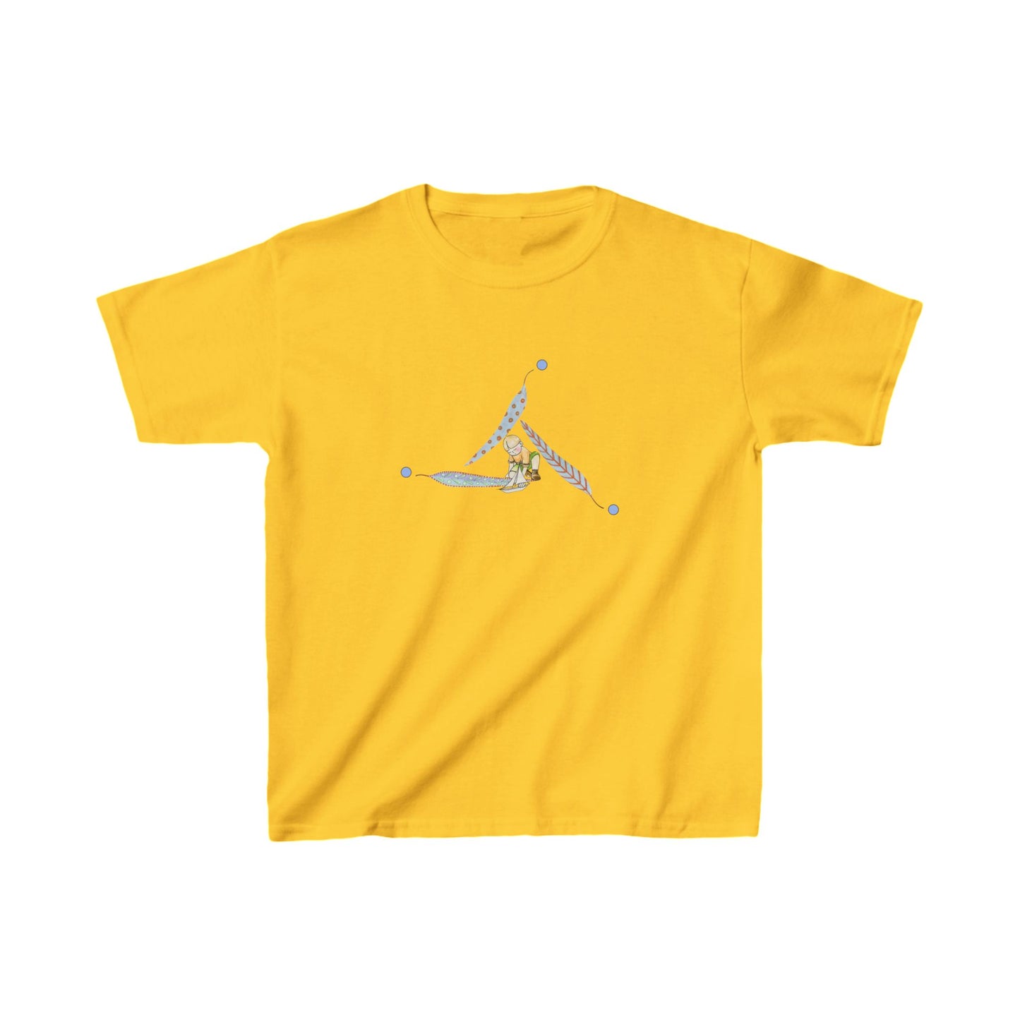 Child with a sailboat in a triangle of pastel painted leaves symbolizing Manifestation - Kids Heavy Cotton™ Tee by artist Marie Frederique