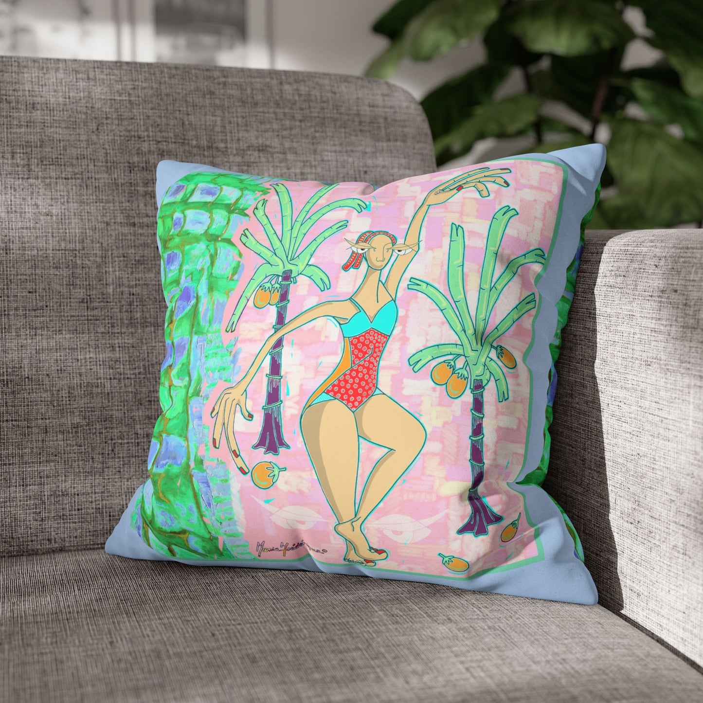 Tropical Palm Dancer Faux Suede (Pillowcase only) by artist Marie Frederique