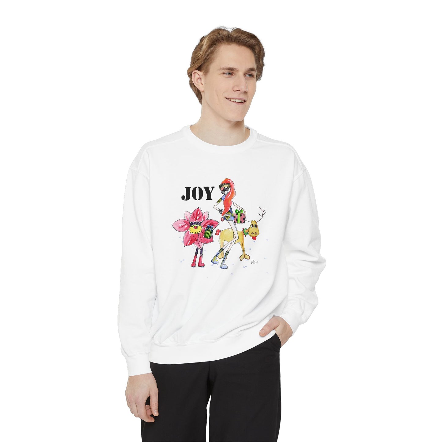 Christmas Sweatshirt "JOY" with Whimsical Characters by artist Marie Frederique