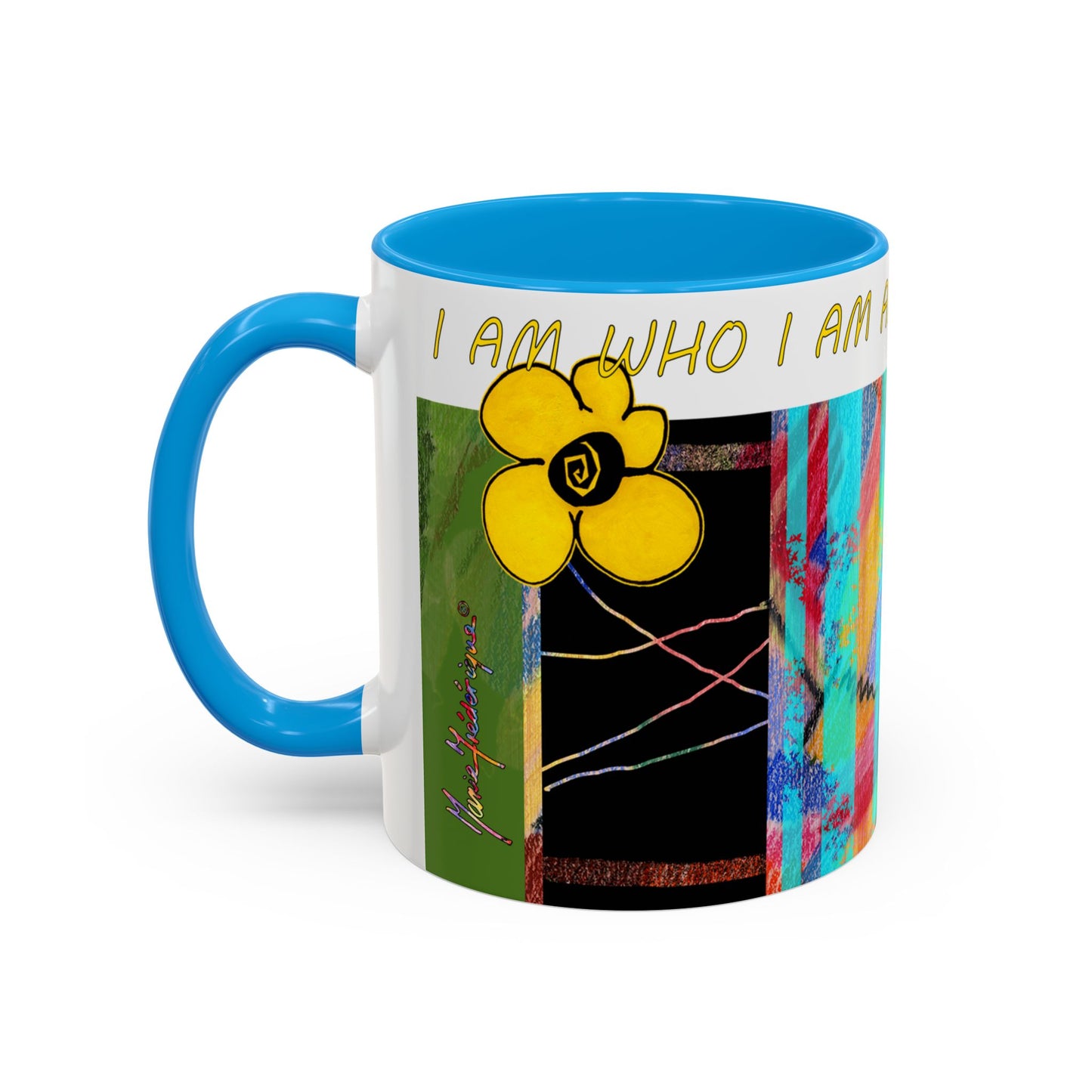 I am who I am and that is enough, multicolored abstract mug by artist Marie Frederique