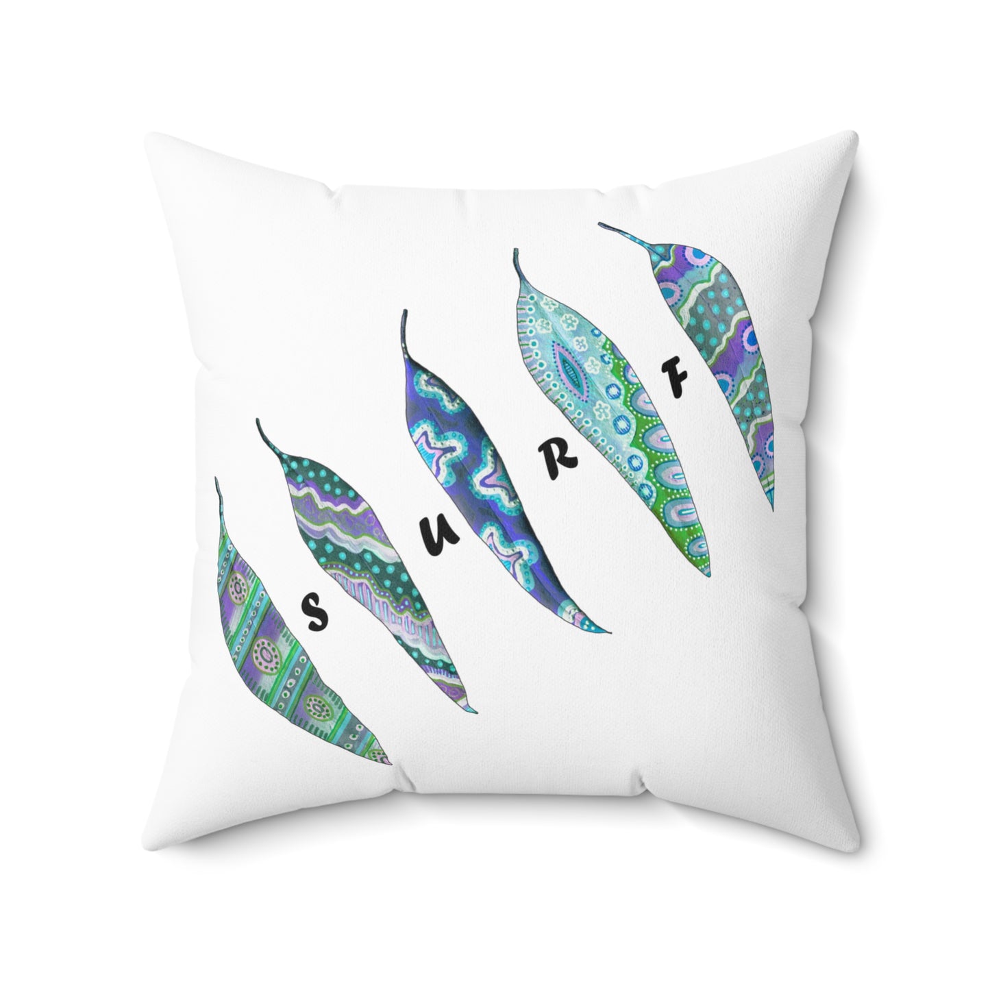 Surf and painted leaves, Blue and White Square Pillow by artist Marie Frederique