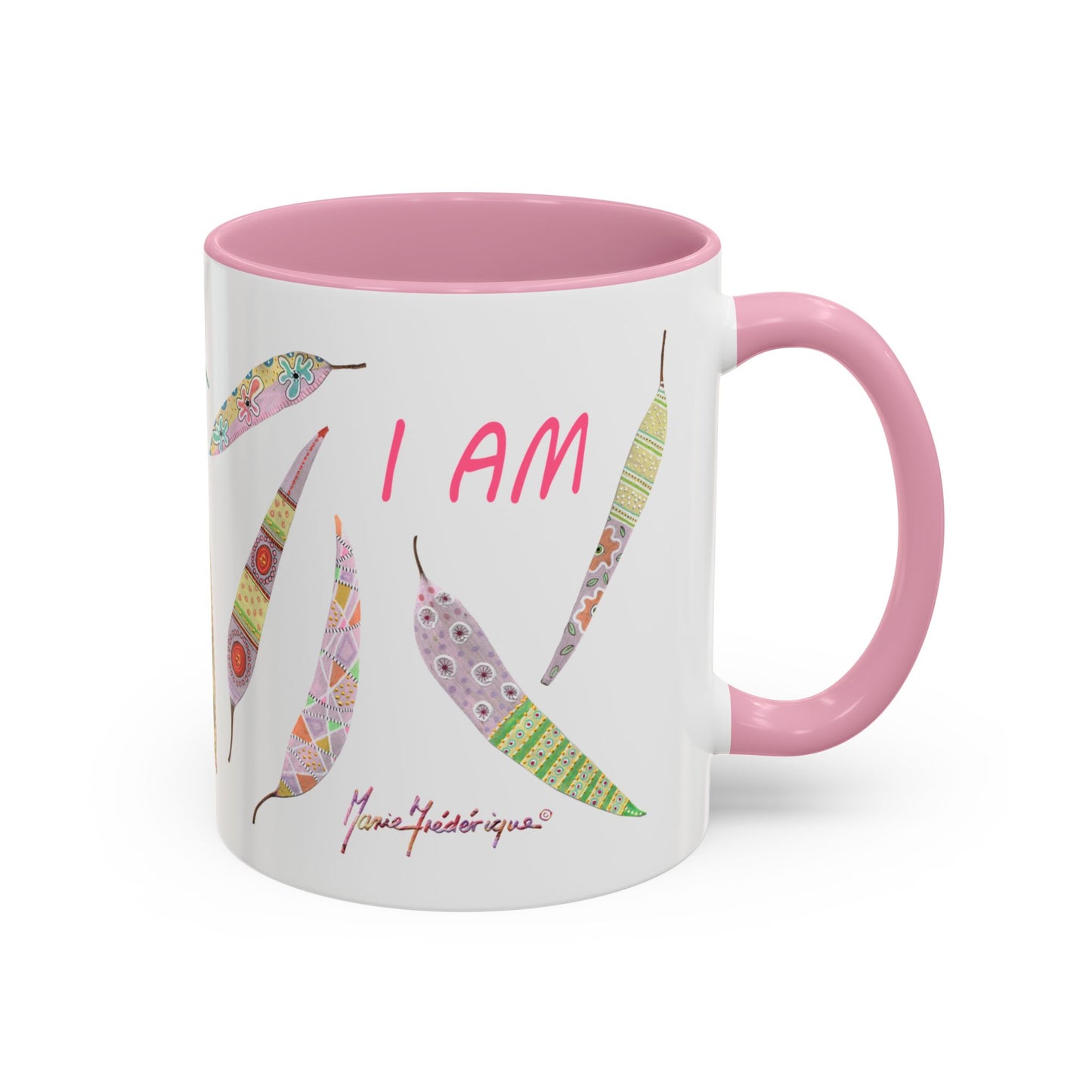 I AM - long pastel painted Eucalyptus leaves mug by Artist Marie Frederique