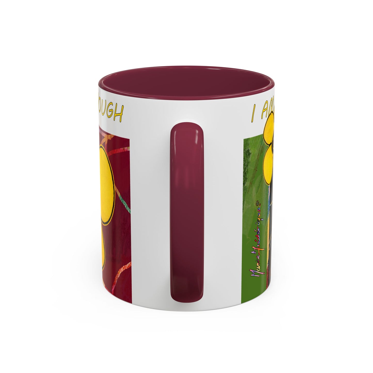 I am who I am and that is enough, multicolored abstract mug by artist Marie Frederique