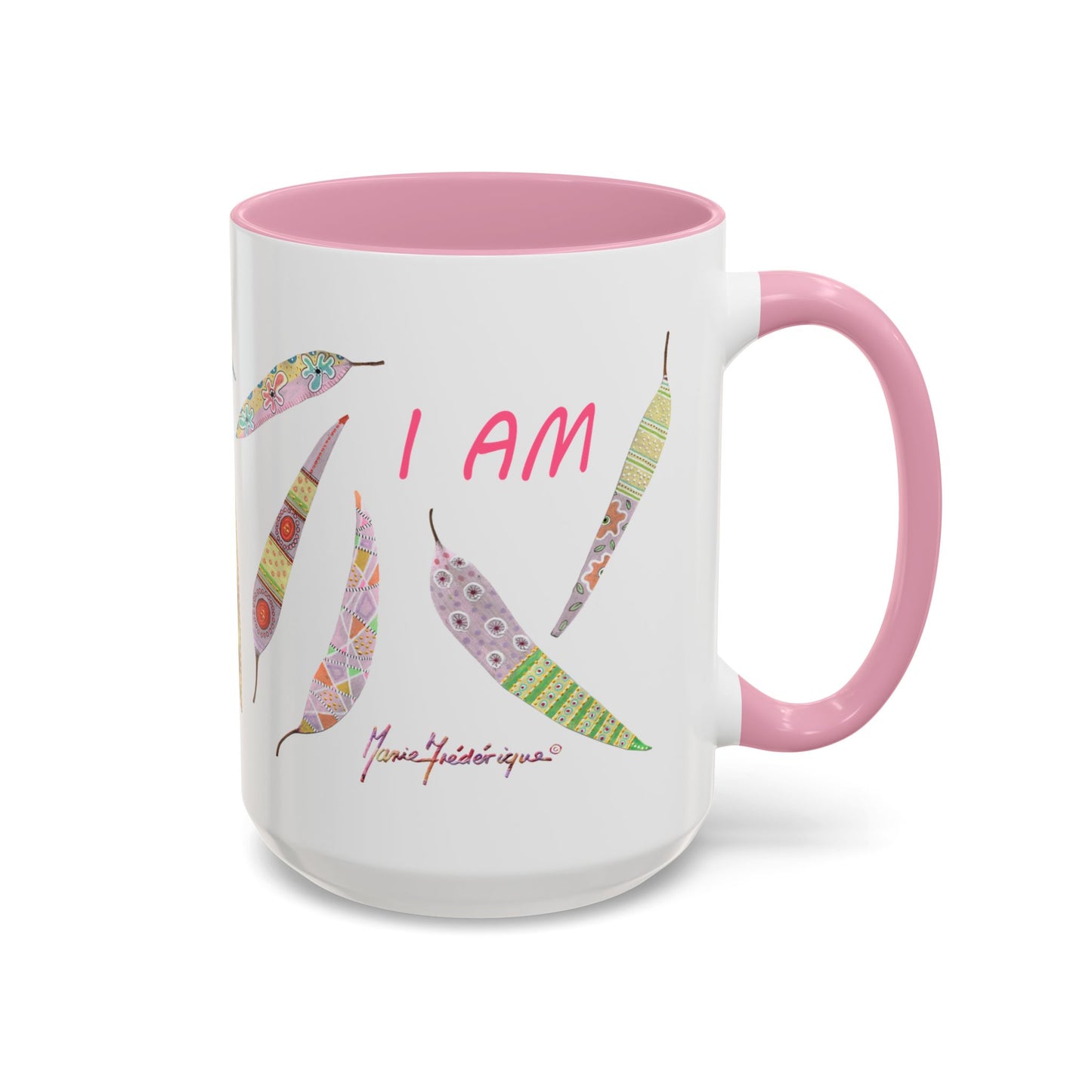 I AM - long pastel painted Eucalyptus leaves mug by Artist Marie Frederique