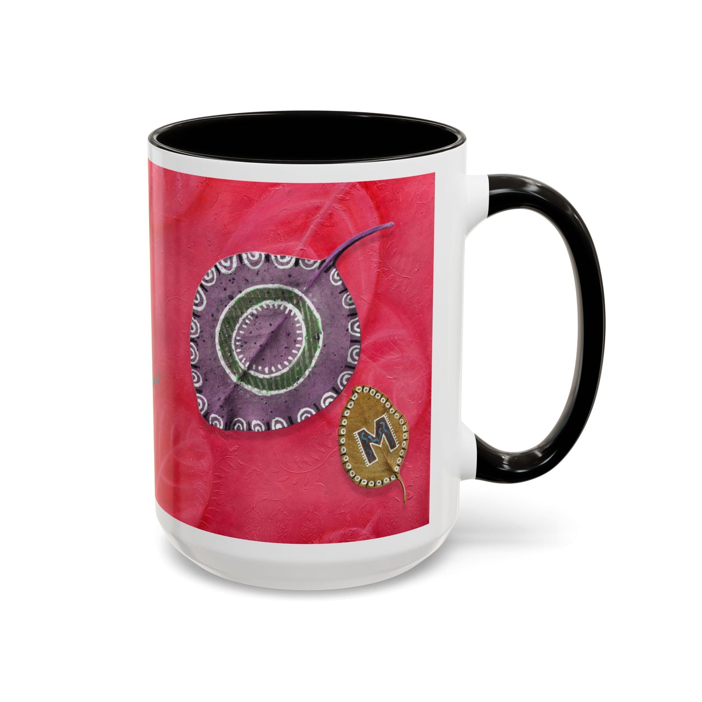 AUM/OM painted leaves spelling AUM & OM Mugs by Artist Marie Frederique