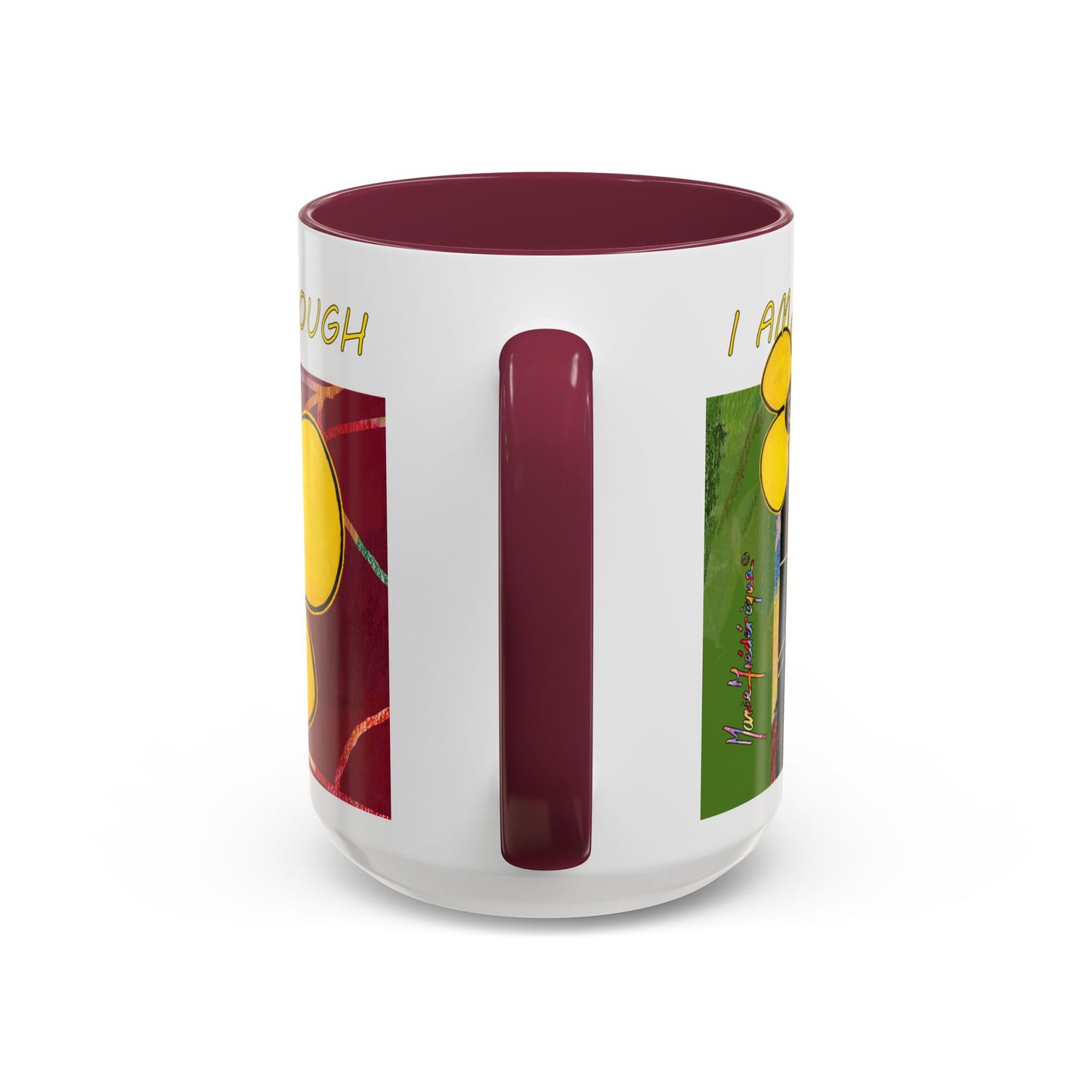 I am who I am and that is enough, multicolored abstract mug by artist Marie Frederique