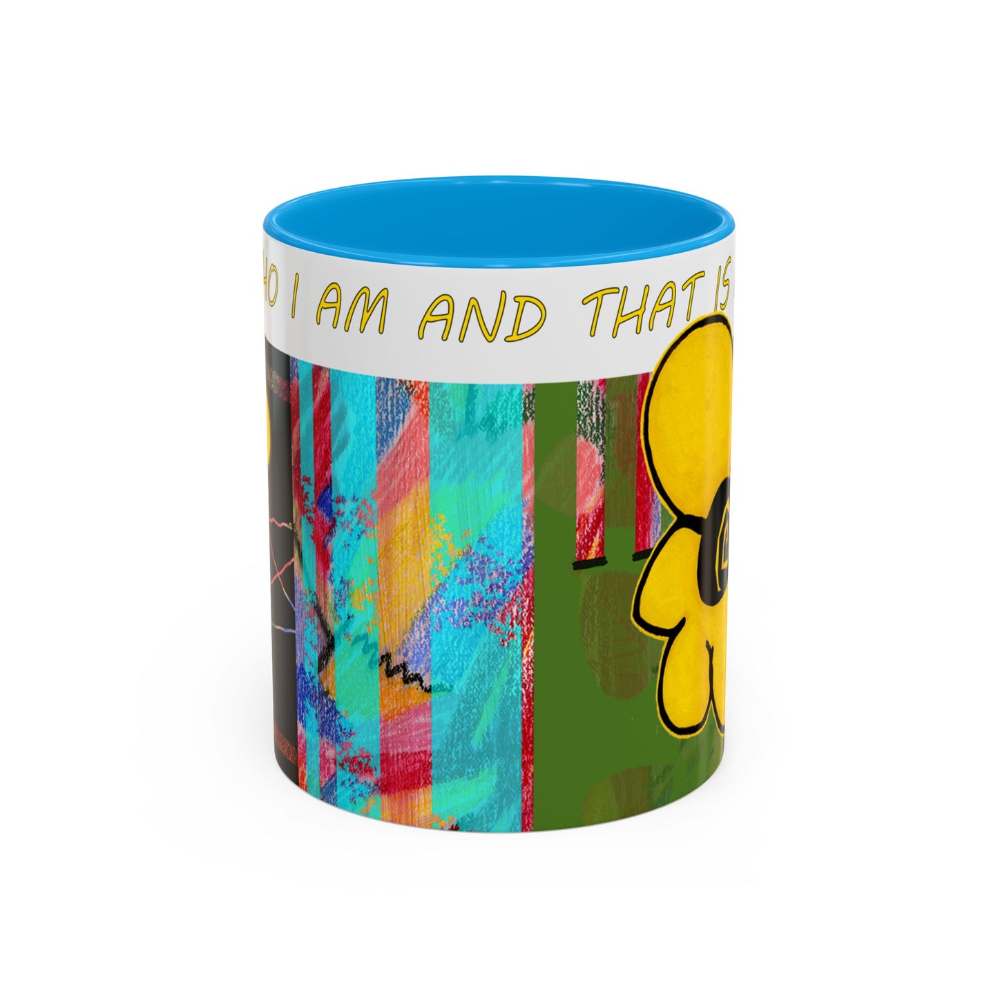 I am who I am and that is enough, multicolored abstract mug by artist Marie Frederique