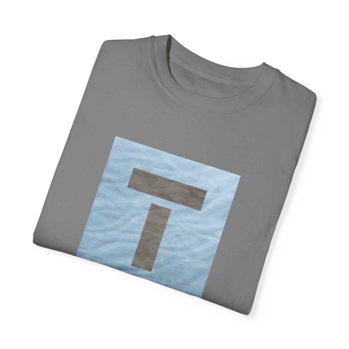 T symbol, Star Energy in a soft grey with light blue water reflections, Unisex Garment-Dyed T-shirt by artist Marie Frederique