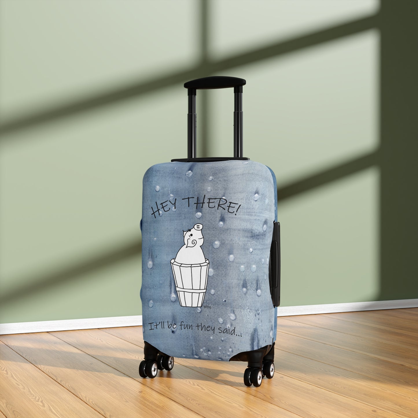 Luggage Cover, Mr. Pig - It'll be fun they said... on a blue wet look background by artist Marie Frederique