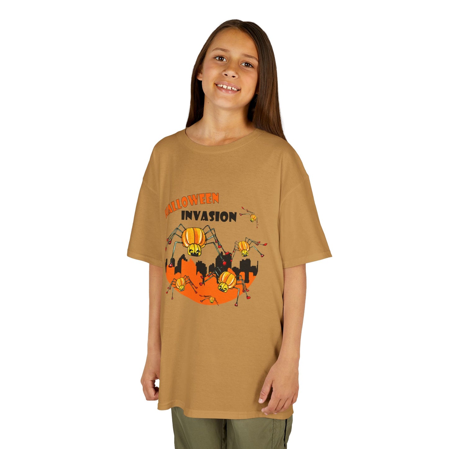Kids Halloween Tee - Invasion of the Pumpkin Spiders Design by artist Marie Freder1que