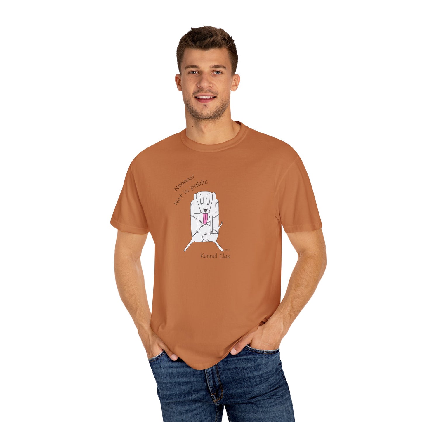 Kennel Club, "Nooooo! Not in public" Whimsical B & W Drawing of a patchwork dog licking - Unisex Garment-Dyed T-shirt by artist Marie Frederique
