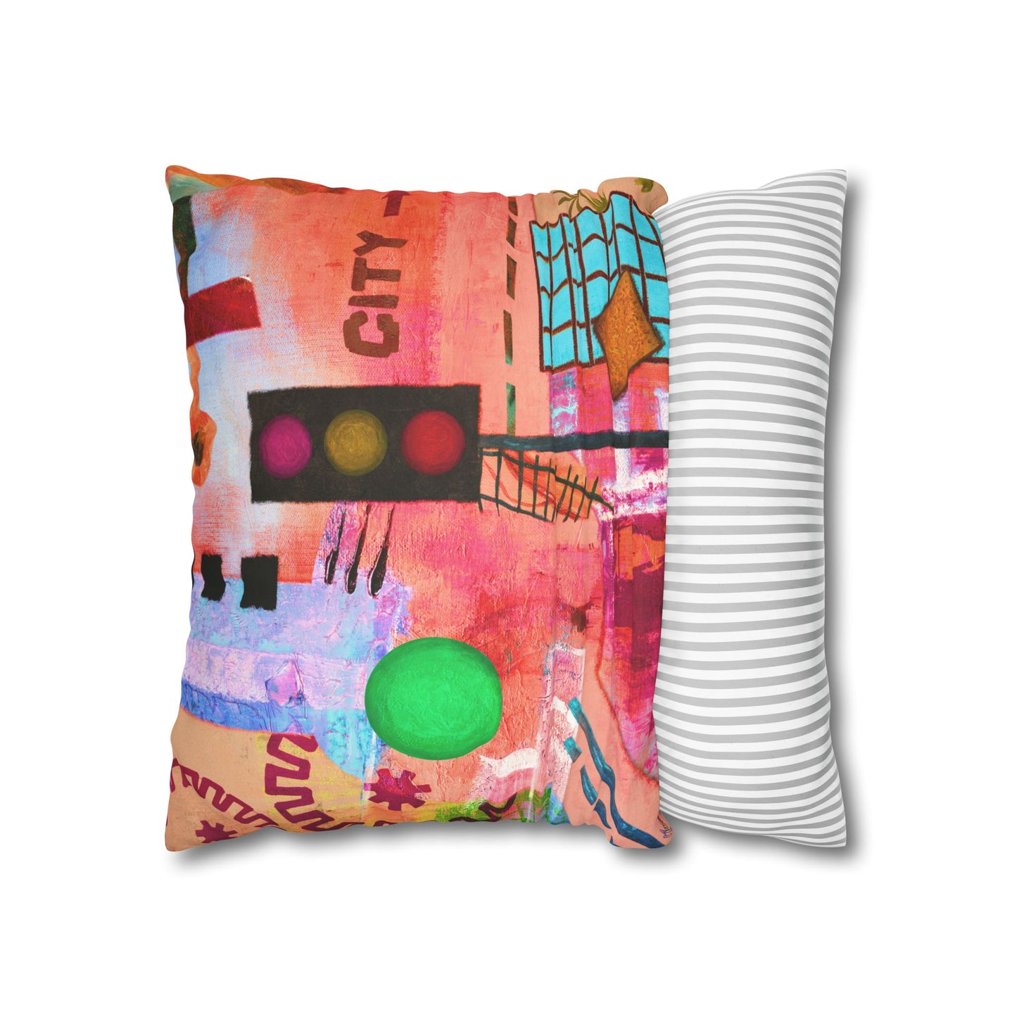 Urban City-Themed Faux Suede Pillowcase by artist Marie Frederique (Pillow not included)