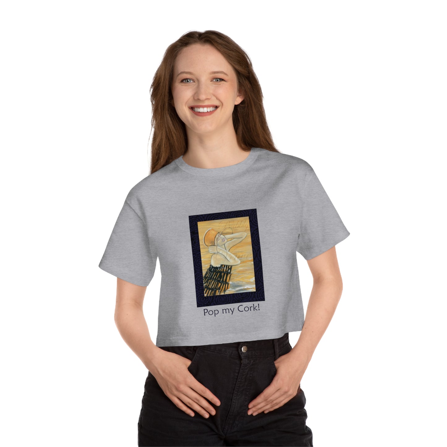 Celebration, "Pop my Cork!" Champion Women's Heritage Cropped T-Shirt by artist Marie Frederique