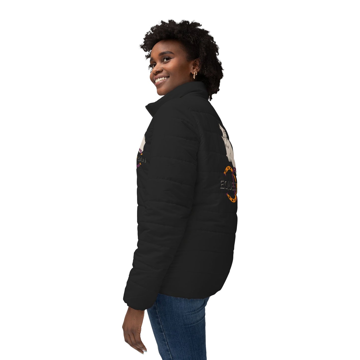 Equestrian Women’s Black Puffer Jacket by artist Marie Frederique