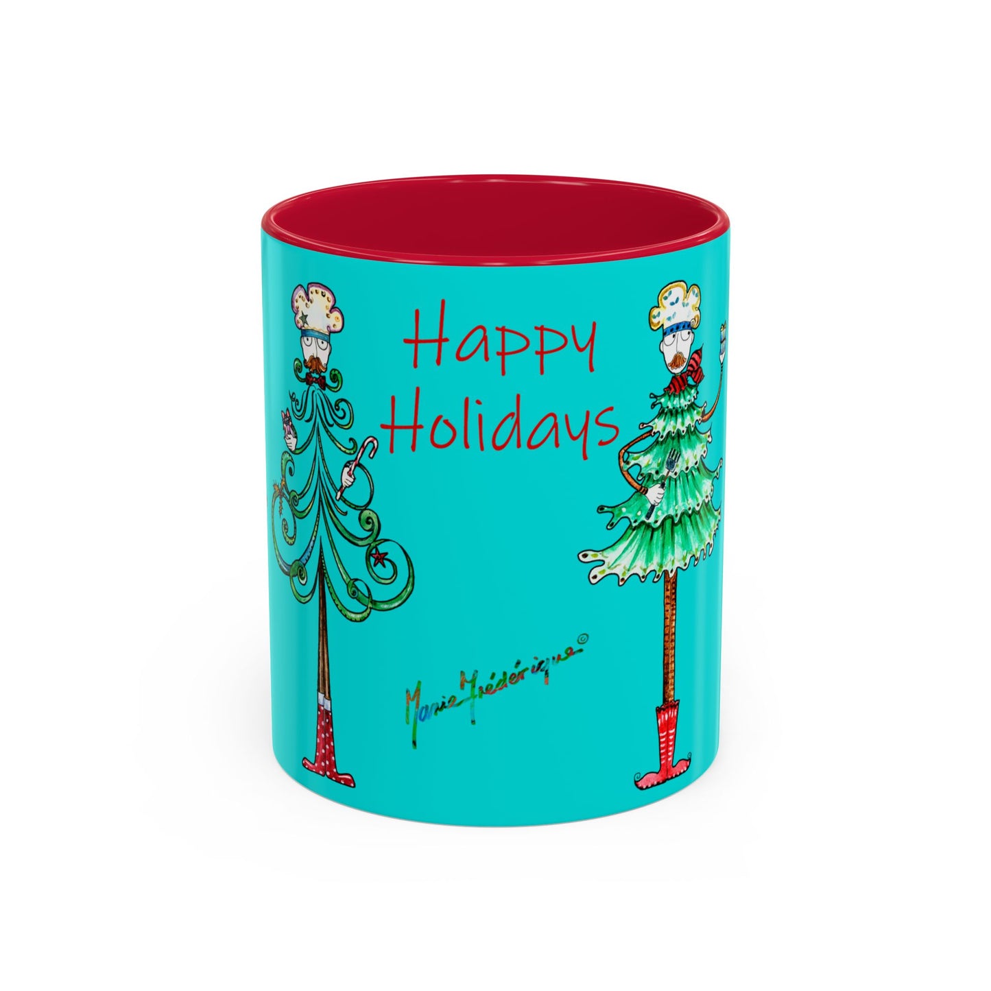 Christmas Trees, Happy Holiday Colorful Mugs by artist Marie Frederique