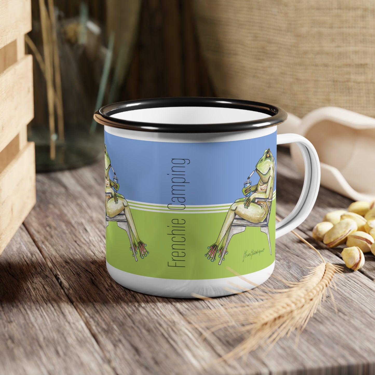 Frenchie Frog goes Camping - Enamel Mug by artist Marie Frederique