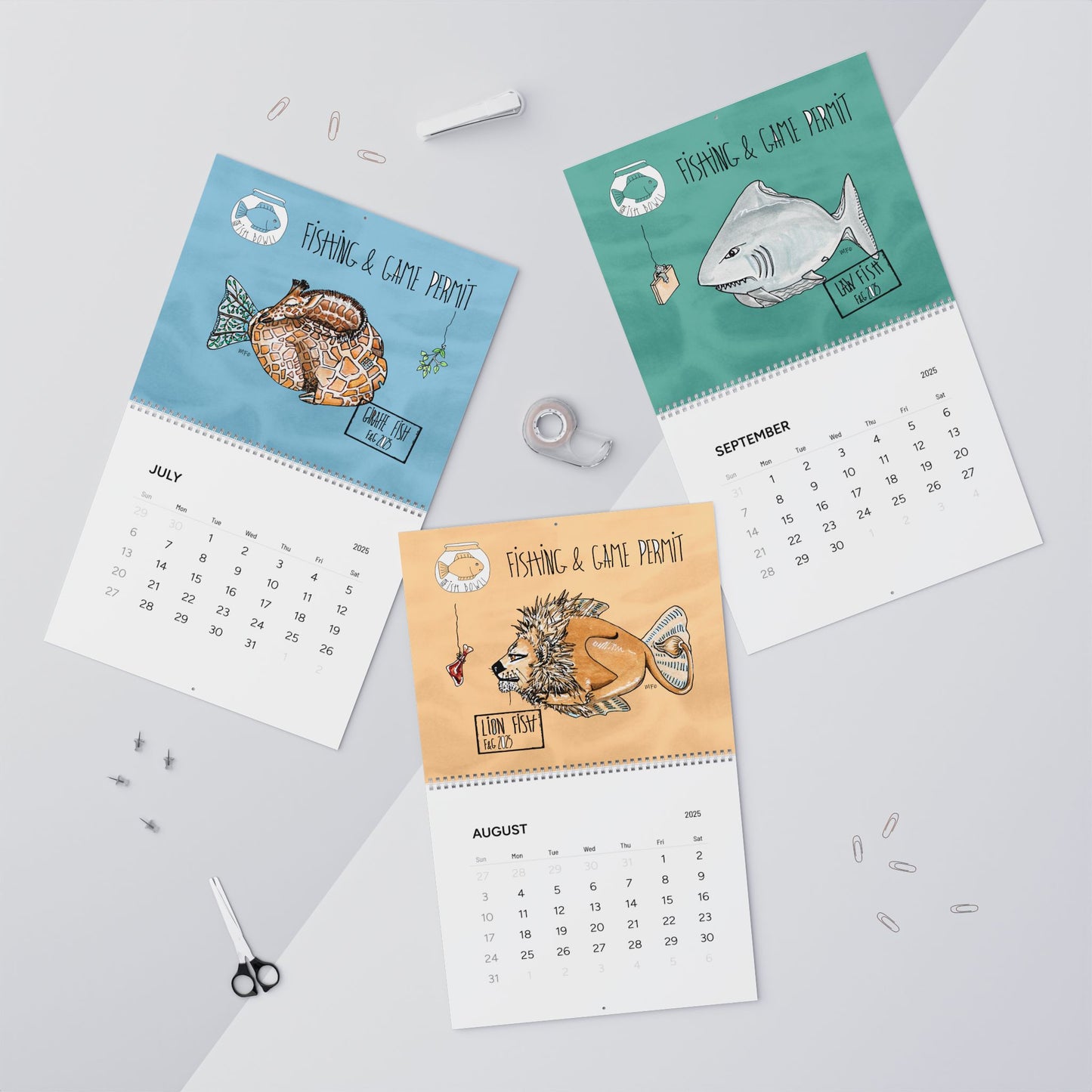 Fishing & Game permit Wall Calendar (2025) by artist Marie Frederique